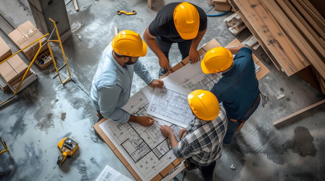 Des travailleurs sur un chantier avec des casques de s&eacute;curit&eacute; en train d'analyser des plans de construction.