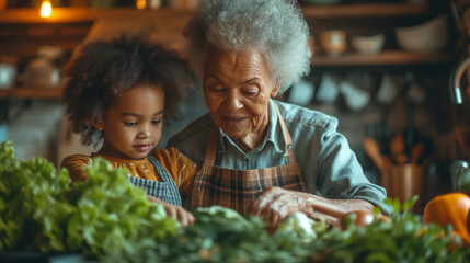 Grandmother and her grandchild cooking in the kitchen. - obrazy, fototapety, plakaty
