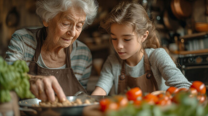 Grandmother and her grandchild cooking in the kitchen.
