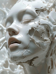 Close up face of white porcelain Android woman. Future, tech concept