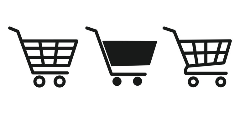 Shopping cart icon symbol. Flat shape trolley web store button. Online shop logo sign. Vector illustration image. Black silhouette isolated on white background. Vector illustration. Eps file 373.
