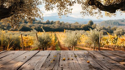 Naklejka na ściany i meble View over wooden table in olive Autumn vineyard
