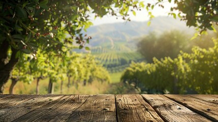 View over wooden table in olive Autumn vineyard