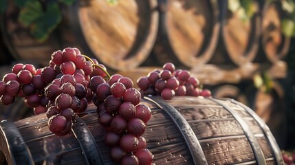 Wine barrels and grapes - obrazy, fototapety, plakaty