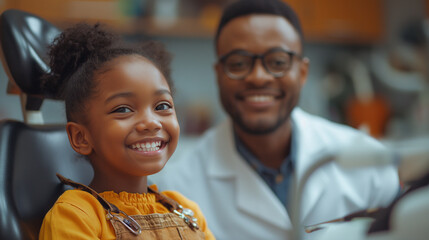 Small smiling black girl is at dental examination with black man dentist. Dentist surgery background. Tooth care concept. Selective focus. Copy space 
