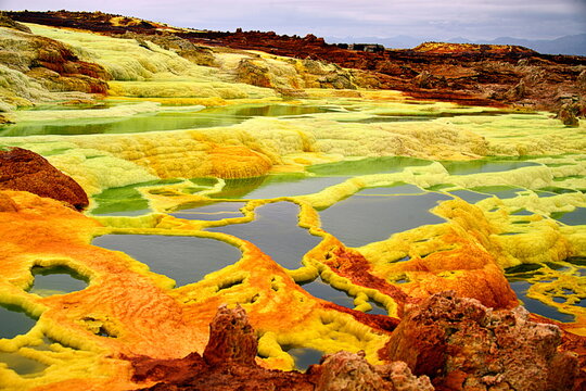 The Danakil desert, in north-eastern Ethiopia, inhabited by a few Afar people, who dedicate themselves to the extraction of salt. The area is known for its volcanoes,extreme heat,depression of 150 mts