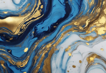 Blue sapphire waves and gold spots curls Acrylic fluid art abstract marble background or texture 