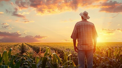 Fototapeta premium Rear view of senior farmer standing in corn field inspecting crops at sunset,