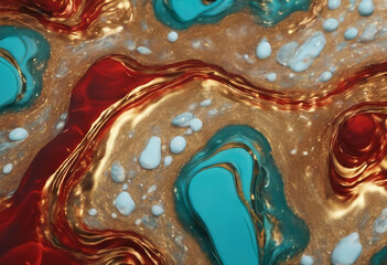 Abstract stone texture background with acrylic fluid art spots of red, gold and aquamarine waves