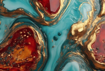Acrylic Fluid Art Spots of red, gold and aquamarine waves Abstract stone background or texture