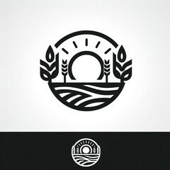 Obraz premium Celebrate the harmony between farming and nature with this logo, depicting a sun and trees in a captivating design.