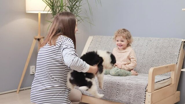 Brown haired woman mom giving puppy to daughter extremely happy cheerful blonde infant baby girl clapping hands rejoicing her hew pet friend while sitting on sofa