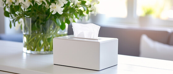 A simple white tissue box sits on a neutral-colored table surface in a tidy and organized manner.