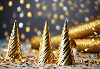 Birthday holiday party concept Striped golden cones hats and confetti