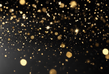 Fototapeta na wymiar Black festive background Abstract scattering of gold sparkles and stars on black Holiday backdrop
