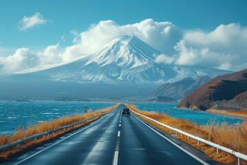 Car on a road near a lake and mountains with snow-capped peaks. - obrazy, fototapety, plakaty
