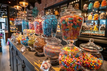 A delightful assortment of colorful candies displayed in elegant glass jars on a wooden countertop, illuminated by warm, ambient lighting