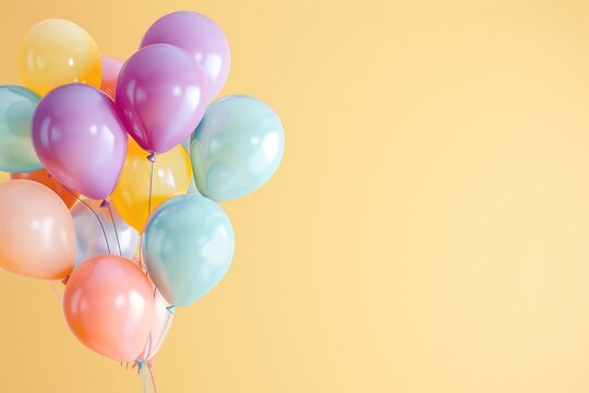 A cheerful bunch of pastel-colored balloons floating on a warm yellow background, with ample space for text.