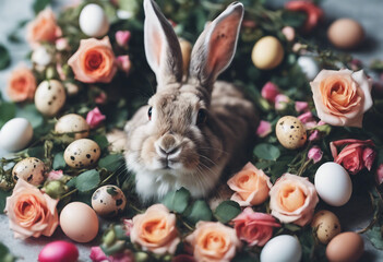 Bunny rabbit ears sitting in basket made of roses flowers leaves and quail eggs Happy easter concept floral boho style top view - obrazy, fototapety, plakaty