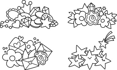 Vector black and white unicorn treasures set. Cute line compositions with letters, hearts, flowers, pile of fallen stars, diamonds and crown. Magic or fairytale icons or coloring page collection.