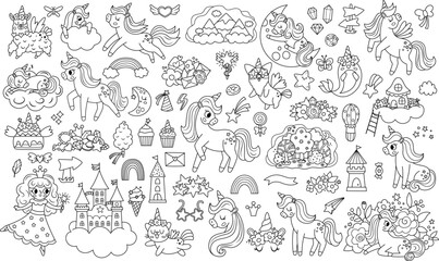 Obraz premium Vector black and white unicorns set. Big line collection with fairytale characters, fairy, animals with horns, castle on cloud, rainbow, falling stars, crystals, sweets. Fantasy world coloring icons.
