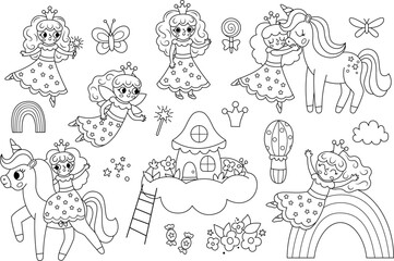 Vector black and white fairy set. Fantasy line sorceress with magic wand, crown, unicorn, rainbow, house on cloud. Fairytale line character collection. Cartoon magic princess coloring page. - obrazy, fototapety, plakaty
