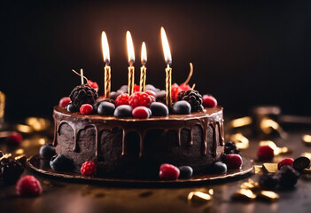 Chocolate birthday cake with berries cookies and four candles on black background