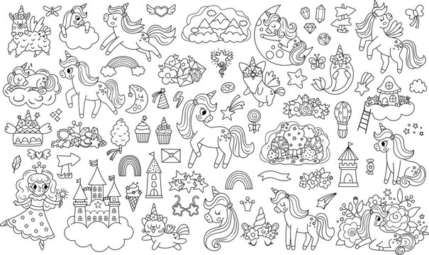 Vector black and white unicorns set. Big line collection with fairytale characters, fairy, animals with horns, castle on cloud, rainbow, falling stars, crystals, sweets. Fantasy world coloring icons.