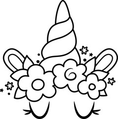 Vector black and white unicorn face. Fantasy animal with rainbow horn, closed eyes, flowers, ears. Fairytale line horse character for kids. Cartoon magic creature icon or coloring page.