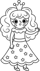 Vector black and white fairy icon. Fantasy outline sorceress with crown. Fairytale line character in dress with stars. Cartoon magic princess outline picture coloring page.