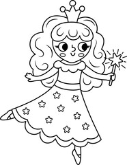 Vector black and white fairy icon. Fantasy outline sorceress with magic wand and crown. Fairytale line character in purple robe with stars. Cartoon magic princess outline picture coloring page.