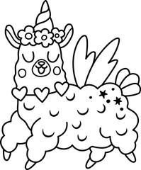 Vector black and white happy llama unicorn. Fantasy animal with rainbow horn, flowers on head, wings, stars. Fairytale line character for kids. Cartoon magic creature icon or coloring page.