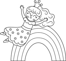 Vector black and white fairy icon. Fantasy sorceress with crown sliding down the rainbow with hands up. Fairytale line character with stars. Cartoon magic princess outline picture coloring page .