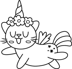 Vector black and white happy cat unicorn. Fantasy line animal with rainbow horn, tail, flowers on head, wings, stars. Fairytale character for kids. Cartoon magic creature icon or coloring page.