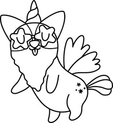 Vector black and white happy corgi dog unicorn. Fantasy line animal with rainbow horn, tail, flowers on head, wings, stars. Fairytale character for kids. Cartoon magic creature icon or coloring page.