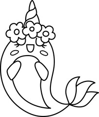 Vector black and white happy narval unicorn. Fantasy line water animal with rainbow horn, tail, flowers on head, wings, stars. Fairytale character for kids. Cartoon magic creature or coloring page.