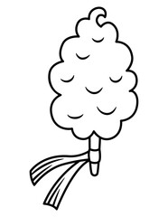 Vector black and white cotton candy on stick decorated with band. Fairytale line themed birthday dessert. Cute magic candy bar design element. Sweet caramel icon or coloring page.
