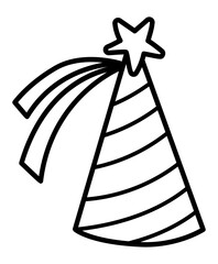 Vector black and white rainbow colored birthday cone hat with star on top. Fairytale themed birthday cap. Cute magic head accessory line design element. Holiday headwear icon or coloring page.