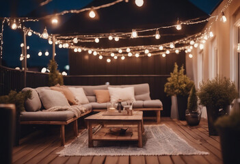Cozy outdoor roof terrace with a sofa and coffee table is decorated with garlands and lamps 