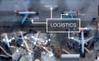 Logistics - in the background an airport with airplanes, world map with linked points, supply...