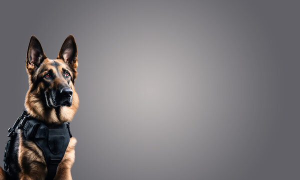 Retrato de um cachorro policial da ra&ccedil;a Pastor Alem&atilde;o.