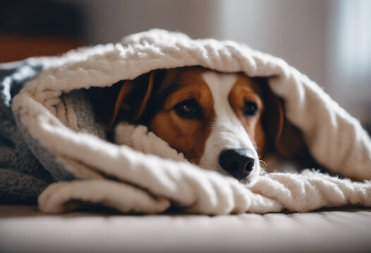 Cute dog is freezing in living room and warming himself under blanket on bed