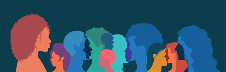 Silhouette of a group of multiethnic people. Racial equality in a multicultural society. Anti-racism concept. Profile silhouettes of different people