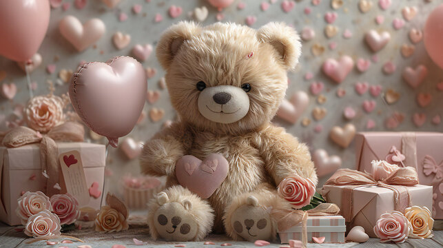 A cute teddy bear surrounded by heart balloons, roses, and gift boxes. This image is perfect for: valentine’s day, birthdays, love expressions.