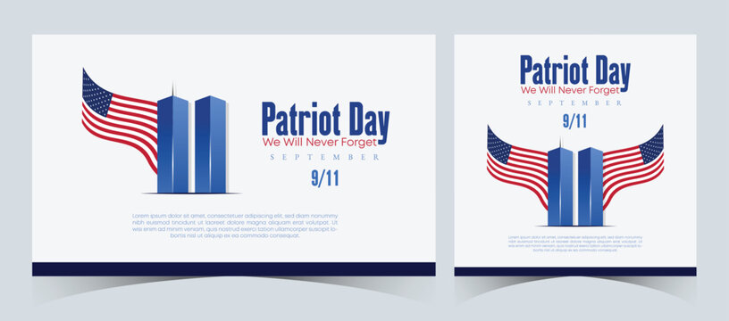 Set of Remembering September 9 11. Patriot Day. September 11. Never Forget USA 9/11. Twin Towers On American Flag. World Trade Center Nine Eleven. Vector Design Template in Red, White, And Blue Colour