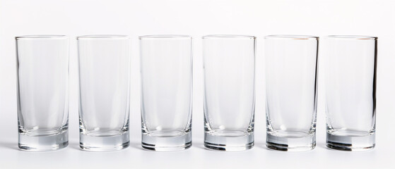 "Four identical transparent drinking glasses neatly placed on a pristine white background."