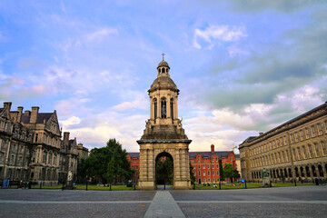 Historic campanile and architecture of Trinity College at sunset, Dublin, Ireland