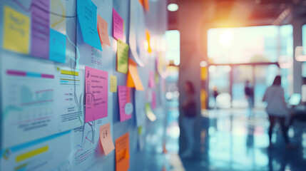 Creative Business Team Brainstorming with Sticky Notes on Glass Wall in Modern Office