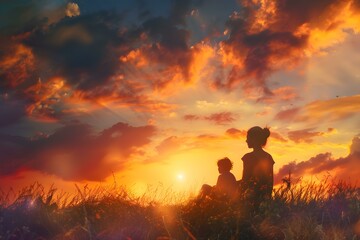 Curious child eagerly learns about nature from mother under a sunset sky. Concept Family bonding, Nature exploration, Learning moments, Sunset glow, Mother and child