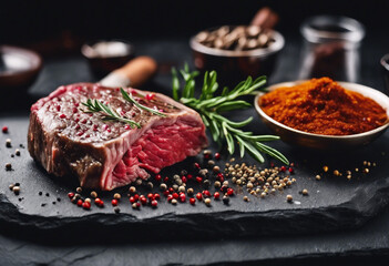 Fresh raw marbled beef rib eye steak and spices on black stone background
